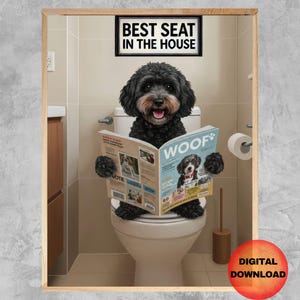 Peut inclure: Un chien noir et blanc est assis sur les toilettes blanches, en train de lire un magazine intitulé "Woof" avec le texte "Best Seat in the House" au-dessus.