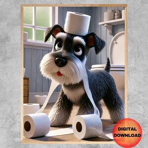 Kids Cartoon Dog Wall Art, Funny Mini Schnauzer Bathroom Print, Whimsy Dog Toilet Decor, Playful Animal Prints, Boy Girl Digital DOWNLOAD