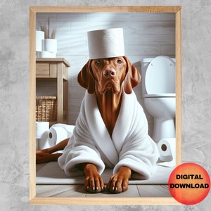Salle de bains drôle Vizsla à imprimer, art mural toilettes Vizsla, impression d'animal de compagnie en papier toilette Vizsla, cadeau maman fantaisiste pour amoureux des chiens, portrait de chien Vizsla