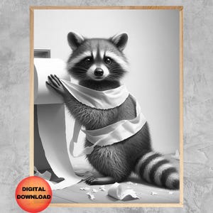 Raccoon Toilet Paper Animal Print, Black and White Bathroom Wall Art, Funny Powder Room Picture, Kids Bathroom Decor, Raccoon Loo, DOWNLOAD