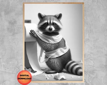 May include: A black and white photo of a raccoon wearing a white scarf and holding a roll of toilet paper. The raccoon is looking at the camera.