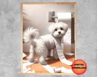 Maltese Wall Art, Maltese Toilet Wall Art, Funny Dog Bathroom Printable, Whimsy Animal Poster, Maltese Dog Lover Dog Mom Gift, DOWNLOADABLE