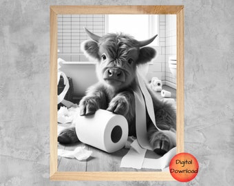 Funny Cow Bathroom Printable, Scottish Highland Cow Bathroom Wall Art, Gift for Highland Cow Lover, Black and White Bathroom Humor DOWNLOAD