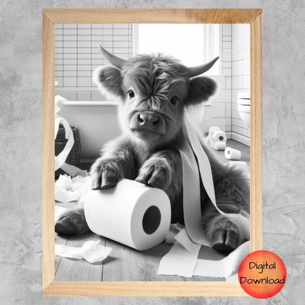 Funny Cow Bathroom Printable, Scottish Highland Cow Bathroom Wall Art, Gift for Highland Cow Lover, Black and White Bathroom Humor DOWNLOAD