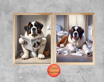 May include: Two digital art prints featuring a Saint Bernard dog in a bathroom setting. In the first print, the dog is sitting on a toilet reading a newspaper titled "Daily Woof". In the second print, the dog is lying on the floor surrounded by scattered toilet paper.