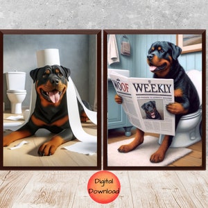 Puede incluir: Dos ilustraciones de un Rottweiler en un baño. La primera imagen muestra al perro de pie en un baño con papel higiénico envuelto alrededor de su cabeza y cuerpo. La segunda imagen muestra al perro sentado en el inodoro leyendo un periódico titulado "Woof Weekly".