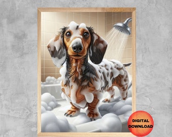 DACHSHUND Funny Bathroom Wall Art, Doxie Shower Printable, Wiener Dog Pet Print, Whimsical Dachshund Lover Print, Dog Mom Gift, DOWNLOADABLE