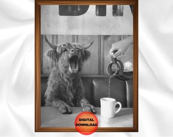 Highland Cow Vintage Coffee Wall Art, Black and White Cow Retro Poster, Funny Kitchen Art, Cow Lovers Print, Highland Cow Decor, DOWNLOAD