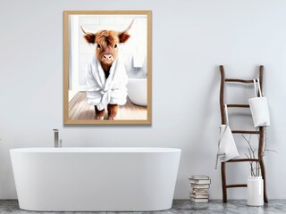 Quadro Su Tela Con Mucca Delle Highlands – Stampa Rustica Con Prato Fiorito E Mulino A Vento – Cornice In Legno – Decorazione Da Parete