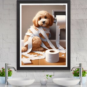 May include: A light brown dog with a white chest is tangled in toilet paper. The dog is sitting on a wooden floor with a roll of toilet paper on the wall behind it.