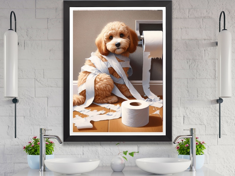 May include: A light brown dog with a white chest is tangled in toilet paper. The dog is sitting on a wooden floor with a roll of toilet paper on the wall behind it.