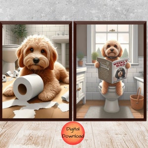 Könnte beinhalten: Zwei Illustrationen eines braunen und weißen Hundes in einem Badezimmer. Das erste Bild zeigt den Hund auf der Toilette sitzend mit einer Rolle Toilettenpapier in seinen Pfoten. Das zweite Bild zeigt den Hund auf der Toilette sitzend und eine Zeitschrift mit dem Titel "Weekly Wag" lesend.