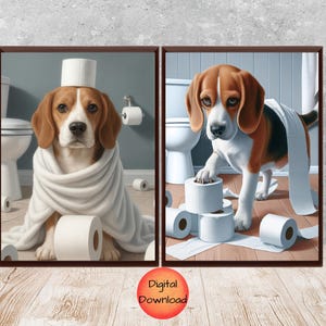 Funny Beagle Bathroom Wall Art Set of 2, Kids Bathroom Dog Humor Art, Beagle Toilet Paper Print, Beagle Lover Gift, Beagle Dog Mom, DOWNLOAD