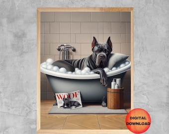 Decoración de pared para bañera con Cane Corso, Póster divertido para el baño con Cane Corso, Imagen de perro en la bañera, Regalo para dueños de perros, Humor de baño con Cane Corso para imprimir, DESCARGAR