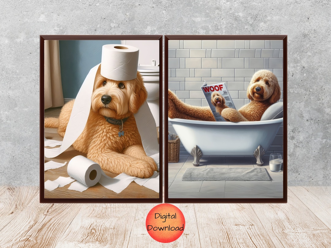 Goldendoodle Bathroom Printable Set of 2, Dog in Bathtub Wall Art ...