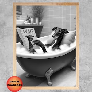 Black Greyhound Bathtub Wall Art, Black and White Funny Dog Bathroom Print, Greyhound Kids Bath Tub Animal Decor, Dog Lover Gift, DOWNLOAD