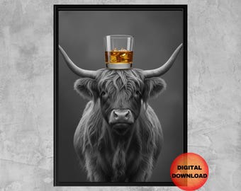 Highland Cow Whiskey Glass Poster, Funny Cow Wall Art, Home Bar Cart Print, Highland Cow Lover Gift, Black and White Art, DOWNLOAD