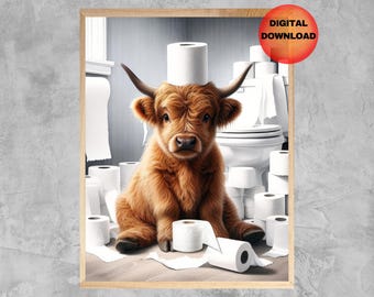 HIGHLAND COW Bathroom Humor Art, Scottish Cattle Guest Bathroom Poster, Gift for Highland Cow Lovers, Funny Cow Bathroom Art Decor, DOWNLOAD