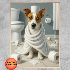 Arte divertido para pared de baño con Jack Russell Terrier, póster de papel higiénico con Jack Russell, decoración de baño infantil con perros, regalo para amantes de los perros, descargable