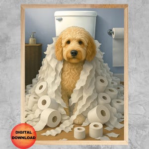 Decorazione da parete per il bagno GOLDENDOODLE, immagine divertente con cane scarabocchiato su carta igienica, decorazione con animali per il bagno, regalo originale per gli amanti dei cani, bagno per bambini, SCARICA