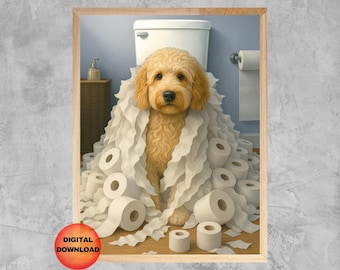 May include: A golden retriever puppy is covered in toilet paper rolls. The puppy is sitting on a white tiled floor. The puppy is looking at the camera.