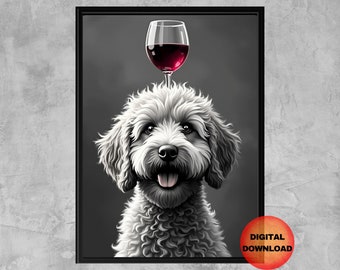 Poster con bicchiere da vino Goldendoodle, stampa con cane Doodle per carrello bar di casa, divertente decorazione murale con cane, regalo per la mamma di un Labradoodle, arte in bianco e nero, SCARICA