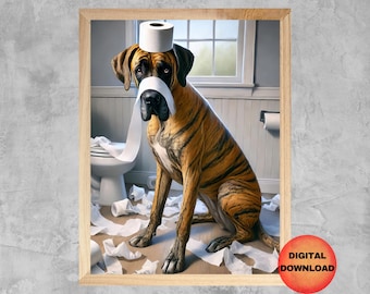 May include: A brown and black Great Dane dog wearing a toilet paper roll as a hat. The dog is sitting in a bathroom with toilet paper scattered on the floor.