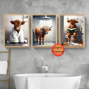 Highland Cow Bathroom Print, Cow in Shower, Cow Reading on Toilet, Funny Cow in Bathrobe Picture, Quirky Animal Decor, DIGITAL DOWNLOAD