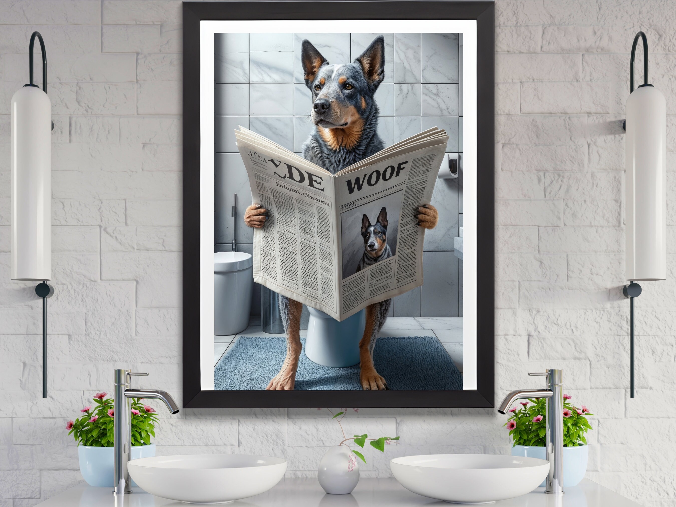 BLUE HEELER Sitting on Toilet Reading Newspaper, Australian Cattle Dog