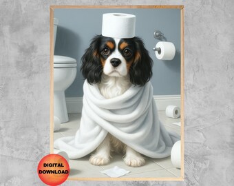 Art mural tricolore Cavalier King Charles Spaniel drôle de salle de bain, art de toilette cavalier, impression de chien de salle de bain pour enfants, cadeau pour amoureux des chiens, téléchargement