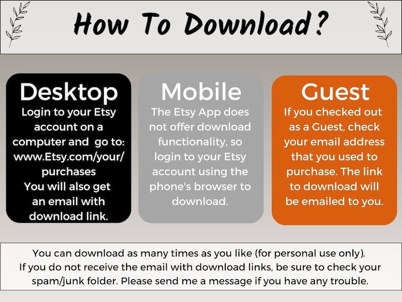 May include: A graphic with instructions on how to download a digital purchase from Etsy. The graphic is divided into three sections: Desktop, Mobile, and Guest. Each section provides instructions on how to download the purchase based on the user's device and purchase method.