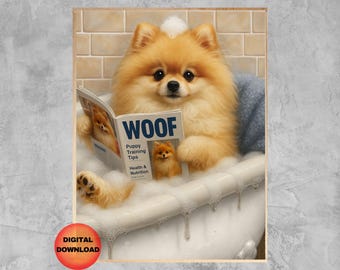 May include: A Pomeranian dog relaxing in a bathtub, reading a magazine with the headline "WOOF". The magazine also features the text "Puppy Training Tips" and "Health & Nutrition". The dog is surrounded by bubbles and wearing a blue garment.