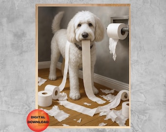 Decorazione murale per il bagno con Goldendoodle bianco, stampa su carta igienica con Goldendoodle, divertente disegno di cane, poster per amanti dei Goldendoodle, regalo per mamme di cani, SCARICA