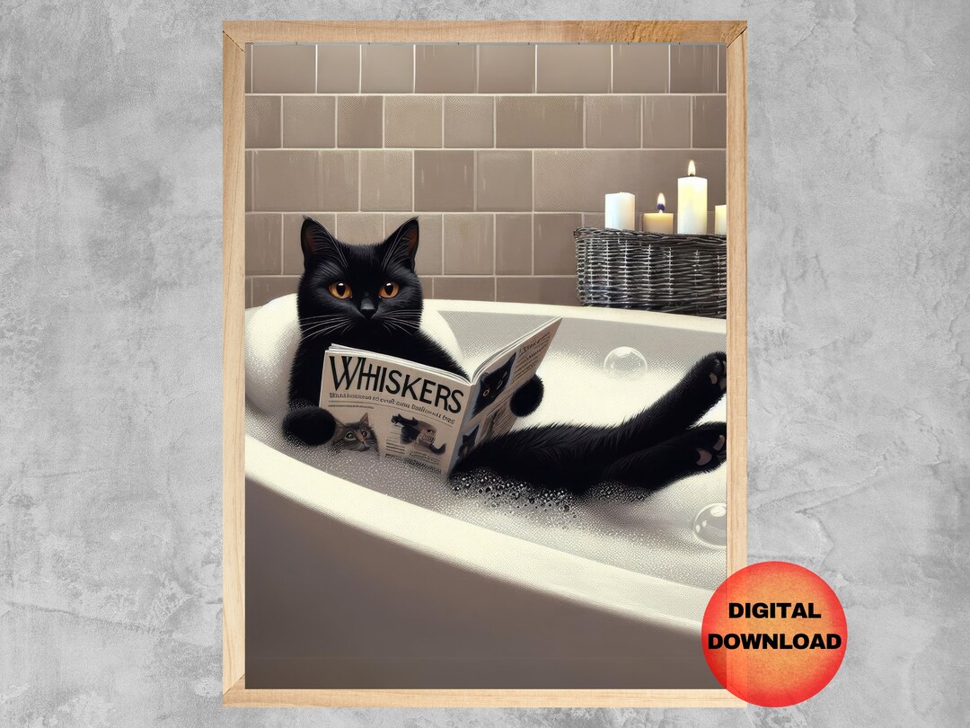 Black CAT in Bathtub Wall Art, Funny Cat Bathroom Printable, Black Cat ...