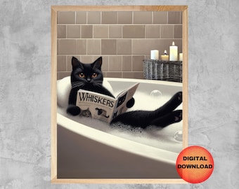 Black CAT in Bathtub Wall Art, Funny Cat Bathroom Printable, Black Cat Kids Bath Tub Animal Print, Whimsy Cat Lover Mom Gift, DOWNLOADABLE