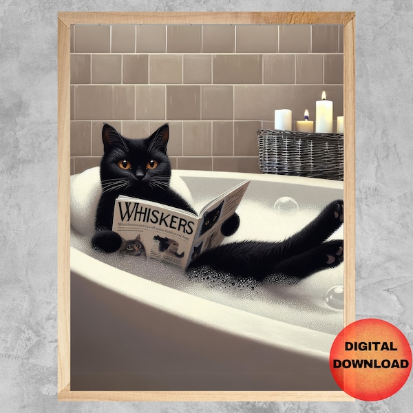 Black CAT in Bathtub Wall Art, Funny Cat Bathroom Printable, Black Cat Kids Bath Tub Animal Print, Whimsy Cat Lover Mom Gift, DOWNLOADABLE