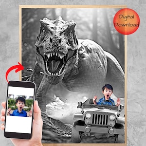 Personalized Dinosaur Portrait from Photo, Custom T-Rex Poster, Dinosaur Christmas Gift, Boys Birthday, Dino Printable, DIY Print and Frame