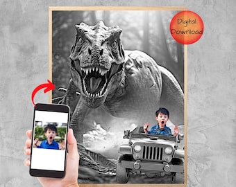 Personalized Dinosaur Portrait from Photo, Custom T-Rex Poster, Dinosaur Christmas Gift, Boys Birthday, Dino Printable, DIY Print and Frame