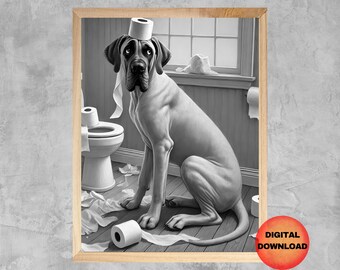 May include: A black and white photo of a Great Dane dog wearing a toilet paper roll on its head. The dog is sitting in a bathroom with a toilet and toilet paper scattered around.