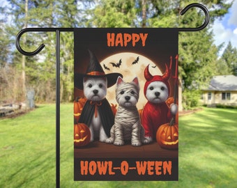 Fall Halloween Westie Garden Flag, Autumn West Highland Terrier Lovers Yard Flag, Westie Costumes Halloween Flag, Happy Halloween Flag
