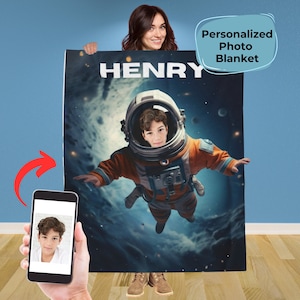 Personalized ASTRONAUT Blanket from Photo, Custom Blanket Outer Space Lover Christmas Gift, Planet Themed Bedroom, Plush Velveteen Blanket