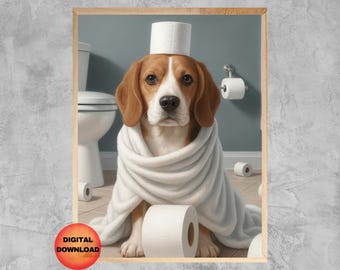 May include: A framed digital art print featuring a beagle dog in a bathroom setting. The dog is wrapped in a white towel and has a roll of toilet paper on its head. Rolls of toilet paper are scattered around the floor.