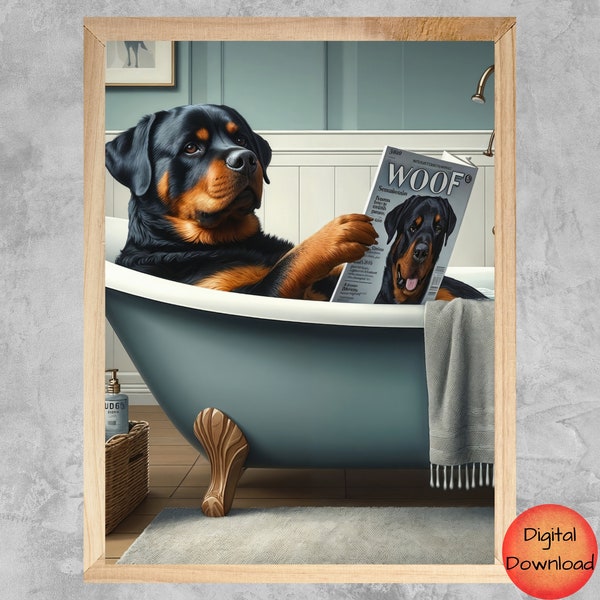 ROTTWEILER Funny Bathroom Wall Art, Dog Toilet Art, Kids Bathroom Pet Print, Whimsical Rottweiler Dog Lover Dog Mom Gift, Downloadable Print