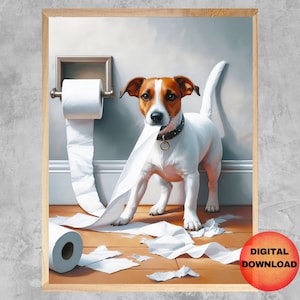 Puede incluir: Un perro Jack Russell Terrier blanco y marrón está de pie en un baño con un rollo de papel higiénico colgado de la pared. El perro ha tirado del papel higiénico del rollo y está de pie sobre una pila de papel higiénico triturado.