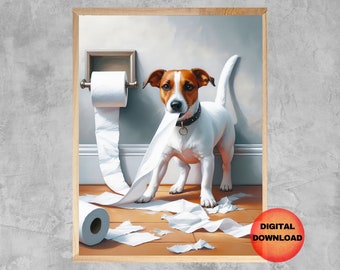 Jack Russell Terrier Bathroom Print, Funny Toilet Paper Wall Art, Whimsy Gift for Jack Russell Dog Lovers, Bathroom Humor Art, DOWNLOADABLE