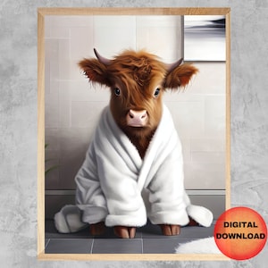 Highland Cow Bathroom Wall Art, Cow In Bathrobe, Funny Bathroom Printable, Cow Animal Humor Picture, Whimsical Farm Animal, DIGITAL DOWNLOAD