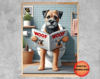 Border Terrier Bathroom Wall Art, Funny Dog Toilet Poster, Whimsical Animal In Toilet Printable, Border Terrier Humorous Pet Print, DOWNLOAD