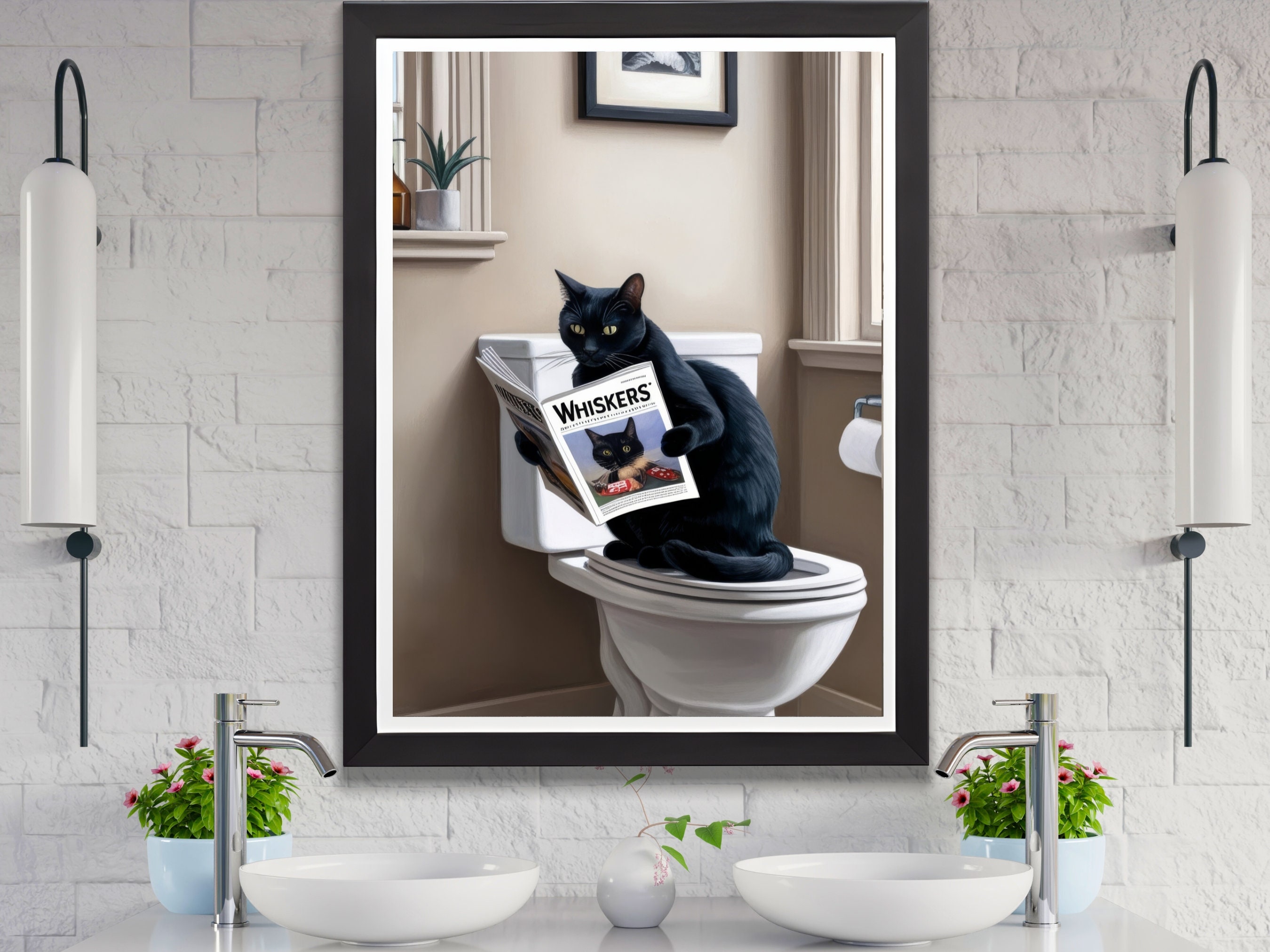 Black Cat Sitting on Toilet Reading, Funny Cat Bathroom Wall Art ...