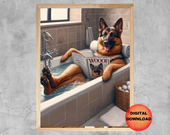 May include: A brown and black German Shepherd dog relaxes in a white bathtub, reading a magazine titled "WOOF!" The dog is wearing a relaxed expression and has its paws resting on the edge of the tub. The bathroom is tiled in beige and white.