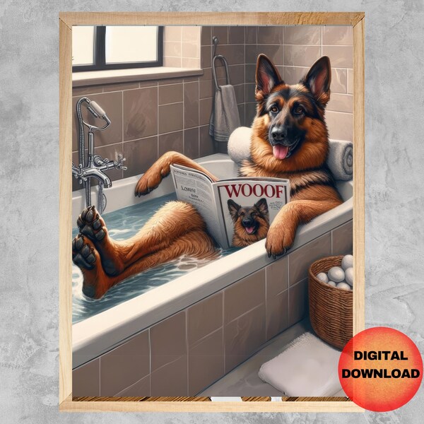 German Shepherd in Bathtub Wall Art Etsy
